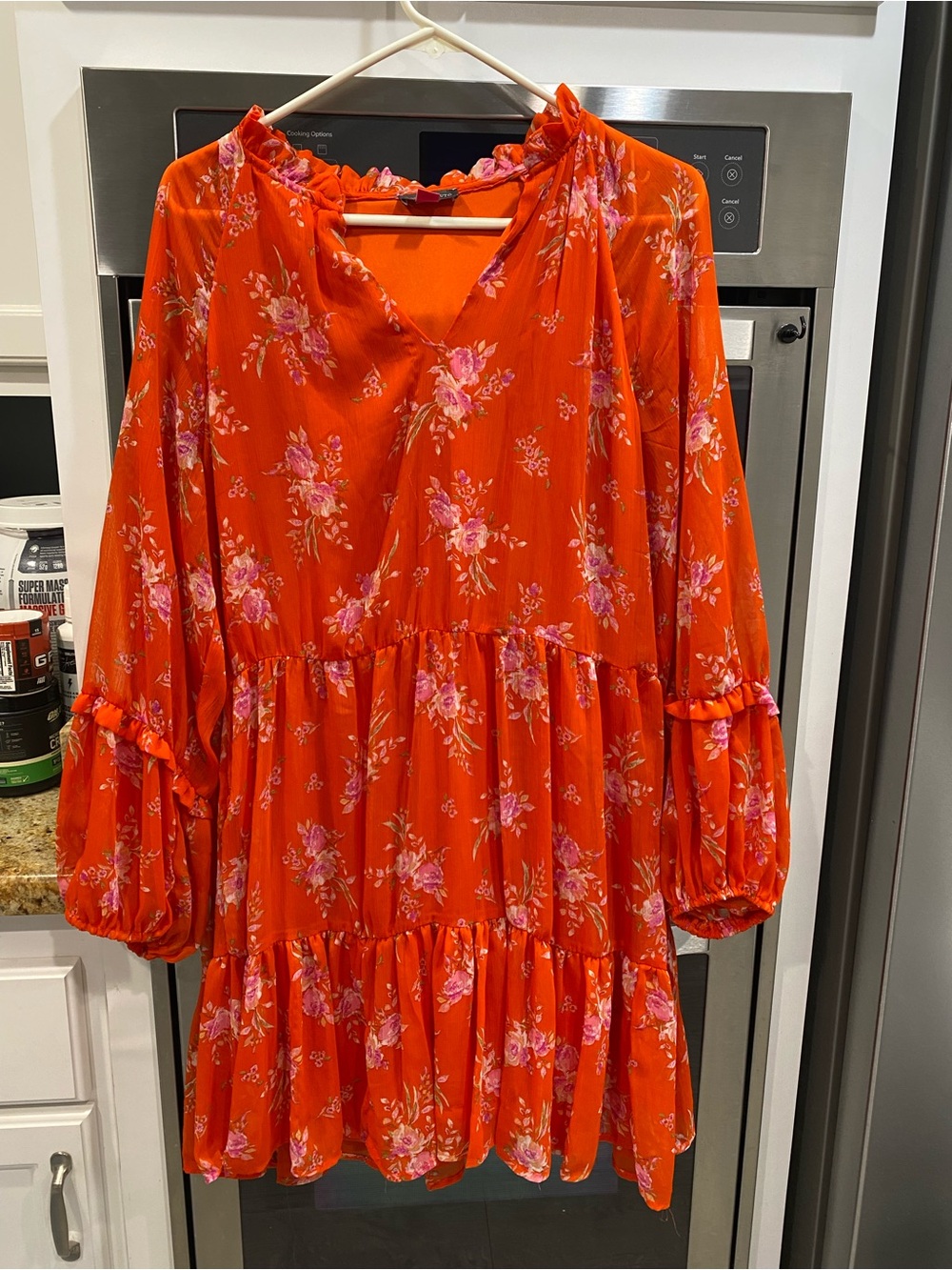 Women’s Size Large- Vince Camuto Orange Floral Tiered Long-Sleeve Dress